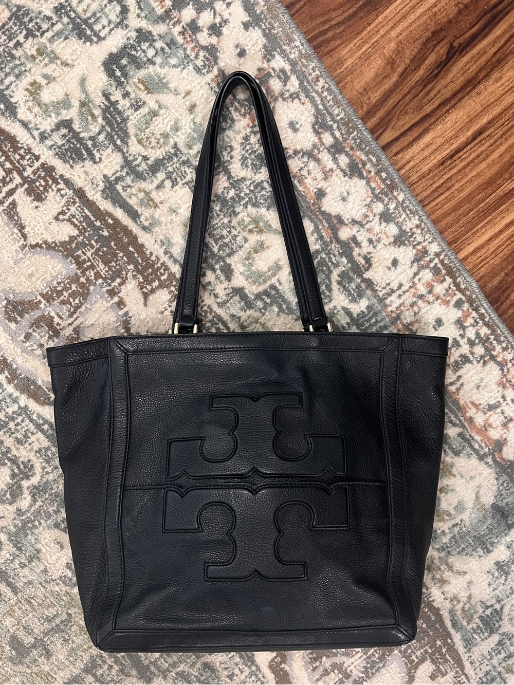Tory Burch Black Pebbled Leather Logo Tote with Double-T Appliqué